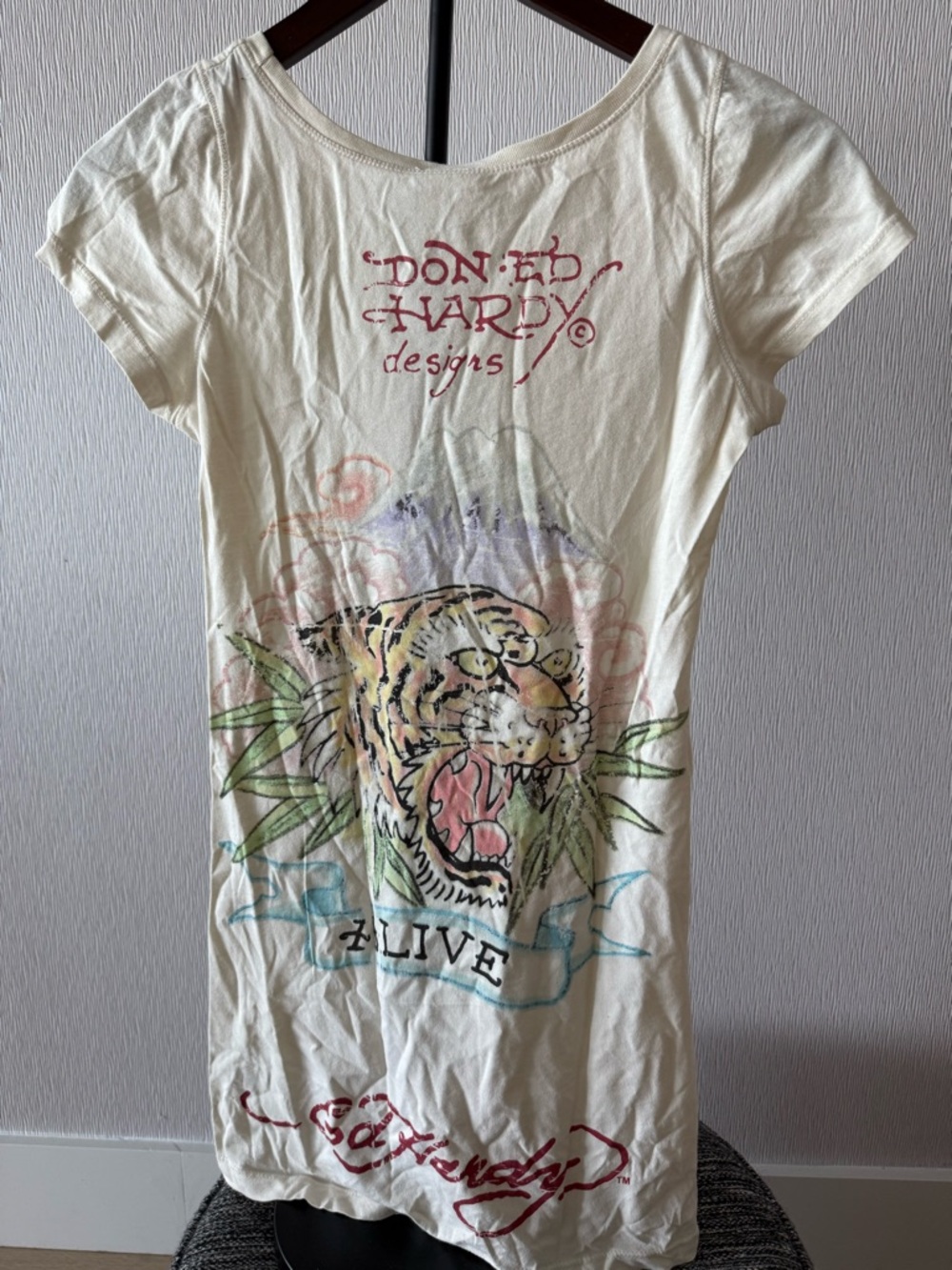 Ed Hardy Cream Tee Dress with Blue Swirl and Coral Accents - Picture 2 of 3